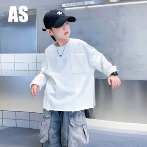 韩国AS品牌正品男大童春秋白色长袖T恤2024新款儿童炸街纯色卫衣