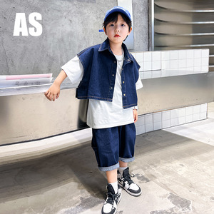 韩国AS品牌正品男童夏装休闲牛仔套装2024新款儿童开衫坎肩三件套