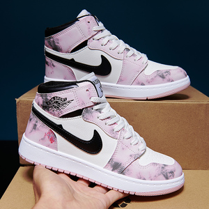 女鞋e1nike0yundng新款aj高帮ow联名樱花粉情侣鞋网红平底板鞋