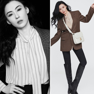明星张柏芝同款条纹衬衫系带蝴蝶结时尚通勤飘带长袖衬衣女春秋季