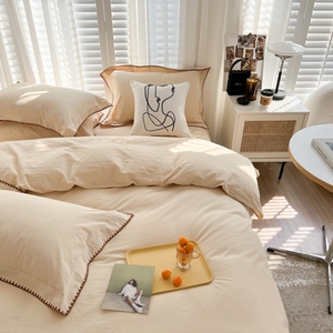 简约纯色纯棉色织水洗棉四件套100全棉被套米色床上用品床单床笠4