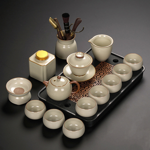 米黄汝窑功夫茶具套装家用办公室会客陶瓷高档中式西施壶茶杯套餐