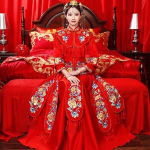 红装新娘子服胖人绣禾服新娘礼服2018摄影结婚秋季中式婚纱秀手工