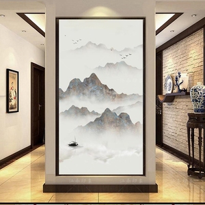 新中式轻奢玄关水墨壁纸山水画抽象墙纸壁画客厅沙发过道雅致墙布