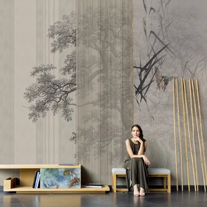 新中式复古墙布装饰电视背景墙壁纸客厅手绘轻奢茶室定制美式壁画