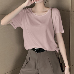 莫代尔粉色短袖t恤女夏季2024新款宽松半袖体桖冰丝薄款大码上衣