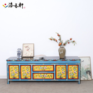 新中式彩绘电视柜西藏式家具仿古做旧地柜客厅柜储物现代实木家具