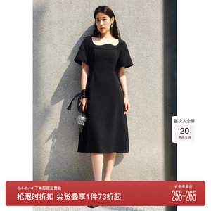 独束大码女装【黑标系列】设计感波纹领轻奢质感短袖小黑裙
