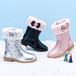 富罗迷冬季儿童鞋子女童学生真皮筒靴迪士尼棉靴冰雪奇缘鞋子