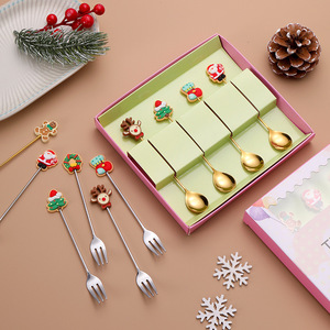 圣诞节餐具儿童可爱甜品勺家用不锈钢咖啡勺子水果叉子套装礼盒装