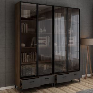 现代家用轻奢带玻璃门书房书柜北欧简约整面墙书架储物柜展示柜
