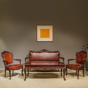 民国红木花卉纹软包西洋沙发成套(一套四件)古典家具收藏