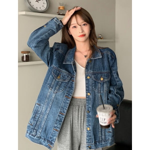 复古垫肩牛仔外套女春季网红炸街设计感宽松百搭中长款夹克上衣潮