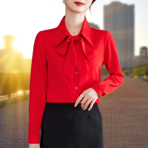 红色衬衣女长袖2024春款女装新款气质打底上衣职业蝴蝶结雪纺衬衫