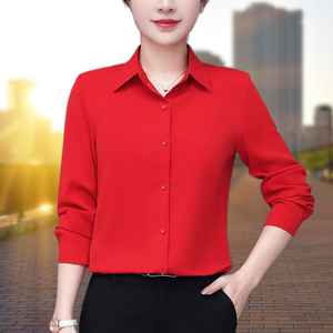红色春日衬衫女士长袖2024新款女装气质职业上衣妈妈高端雪纺衬衣