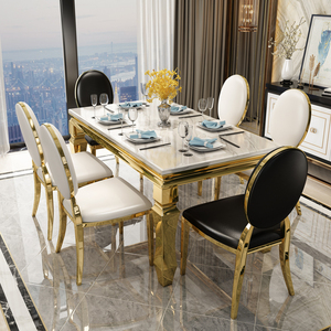 轻奢餐桌大理石 后现代简约小户型客厅长方形不锈钢桌椅子组合6人