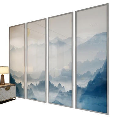 艺术玻璃屏风隔断水墨山水画抽象意境夹丝玻璃夹绢新中式隔断m
