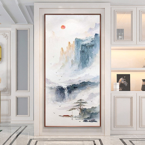 新中式玄关装饰画竖版大气山水风景现代入户走廊过道挂画手绘油画