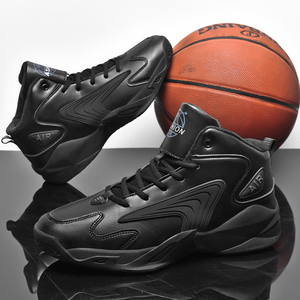春季皮面男鞋高帮篮球鞋男学生全黑色运动鞋子防滑减震旅游鞋防水