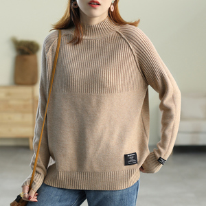 绿素棉 两种针法拼接半高领针织衫冬 竖坑条小标加厚打底毛衣女