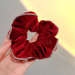 法式气质绸缎质感酒红色发圈网红闪钻复古大肠发圈头绳发饰女