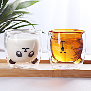 ins风可爱卡通小熊猫爪双层玻璃杯子家用牛奶咖啡高颜值创意礼品
