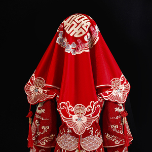 结婚新娘红盖头新款婚礼蒙头红头巾中式秀禾服高档喜帕半透明纱巾