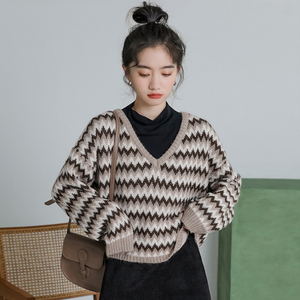毛衣外套女冬加厚复古文艺叠穿套头外套v领短款针织衫轻熟风外穿