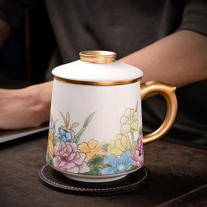 京峰阁羊脂玉白瓷悦心花语杯夫人瓷茶杯中式陶瓷水杯带盖马克杯容