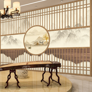中国风壁纸古典木纹古风屏风山水墙布新中式古筝教室装饰背景墙纸