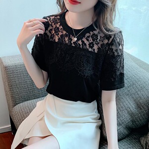 宽松黑色短袖t恤女2022夏季新款钩花蕾丝打底衫网纱半袖上衣ins潮
