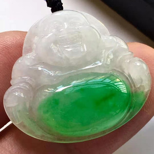 拍卖翡翠飘绿佛公吊坠女款白底青笑佛弥勒佛公玉坠大肚佛天然挂件