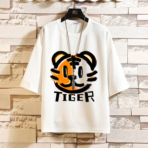 老虎涂鸦图案短袖t恤男七分袖宽松大码ins潮牌夏季冰丝半袖上衣服