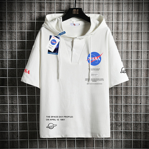 NASA冰丝短袖男士夏季联名连帽t恤宽松大码百搭带帽五分半袖卫衣