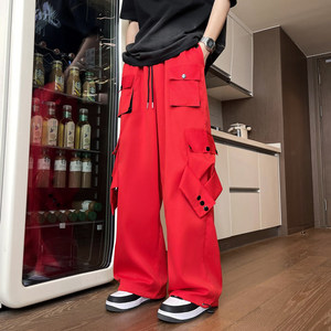 红色工装裤男夏季多口袋冲锋铆钉裤子冰丝薄款美式机能降落伞兵裤