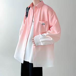 粉红色衬衫设计感高级感oversize潮牌男春秋夏季渐变长袖衬衣外套