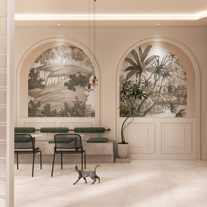 法式简约3d石膏线墙纸热带丛林直播工作室民宿卧室床头背景墙壁纸