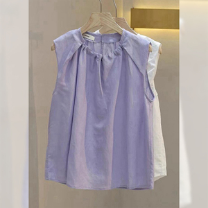 设计感紫色宽松遮肚子雪纺衫上衣韩系气质简约纯色无袖衬衫夏季女