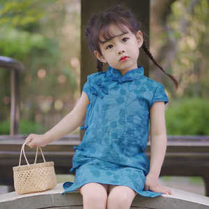 女童旗袍夏季小女孩蓝色民国复古宝宝中国风改良演出服儿童汉服裙