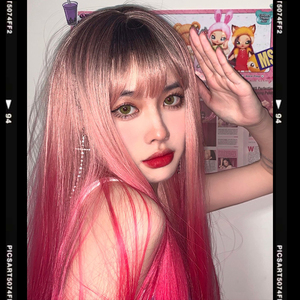 假发女长发自然全头网红挑染渐变色粉色玫红主播长直发空气齐刘海