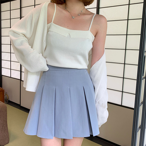 马西西微胖大码 胖mm蓝色百褶裙女夏季显瘦半身裙高腰短裙a字裙子