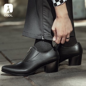 欧美男士高跟尖头皮鞋真皮牛皮时尚理发师夜店鞋子外增高6cm男鞋
