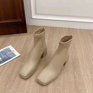 下单有礼 迪妮莎女鞋112510-1粗跟方头短筒气质裸靴 更多新款咨询