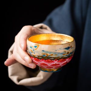 墨染留香蔡志强陶瓷大漆金盏佛莲金叶茶盏茶杯手工大号功夫主人杯
