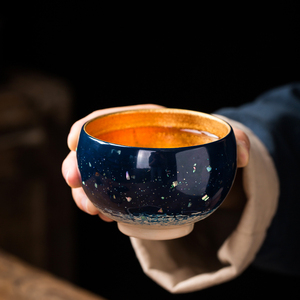 墨染留香名家蔡志强大漆建盏主人杯星空 24k金叶茶盏高端大号茶杯