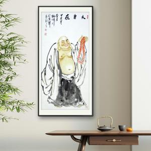 纯手绘国画水墨写意人物布袋和尚大肚弥勒佛 大自在 佛像禅意画