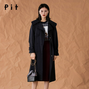 【商场同款】pit女装2019秋季新款藏青色修身中长款翻领长