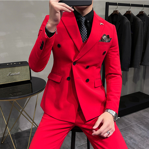 红色西装套装男韩版修身三件套新郎结婚礼服双排扣休闲西服外套潮