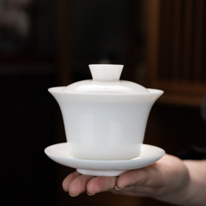 大号三才马蹄精品宽边防烫羊脂玉盖碗泡茶杯茶碗单个陶瓷茶具套装