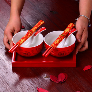 瓷昱轩龙凤双喜结婚碗筷套装对碗喜碗衣食饭碗喜庆红色新婚礼物